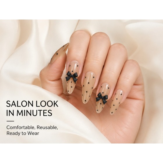 Nude Polka‑Dot Black 3D Bow Press‑On Nails, Long Almond Retro Sweet‑Cool False Nails